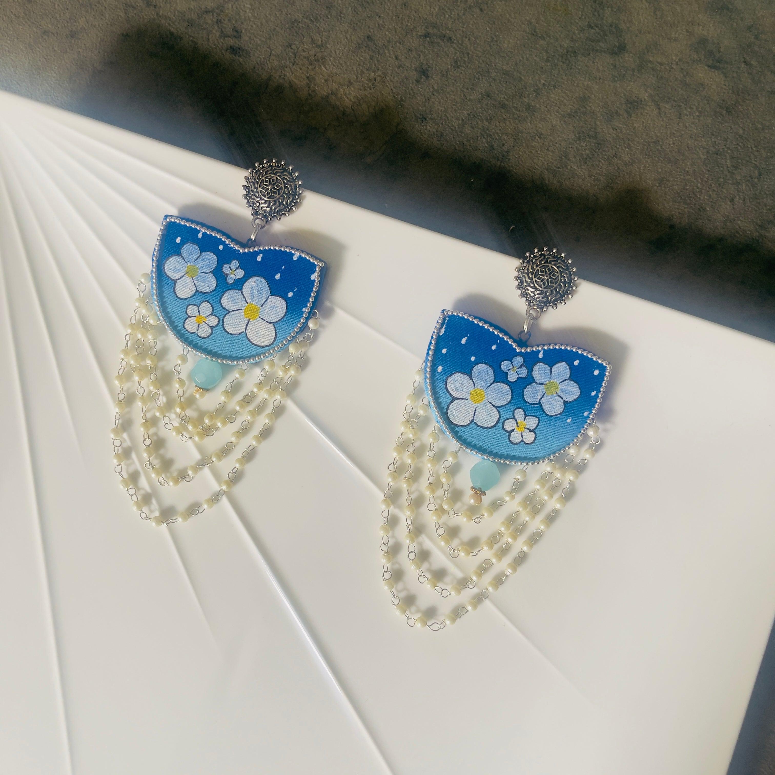 Blossom Handpainted Blue (Earrings) - KHOJ.CITY