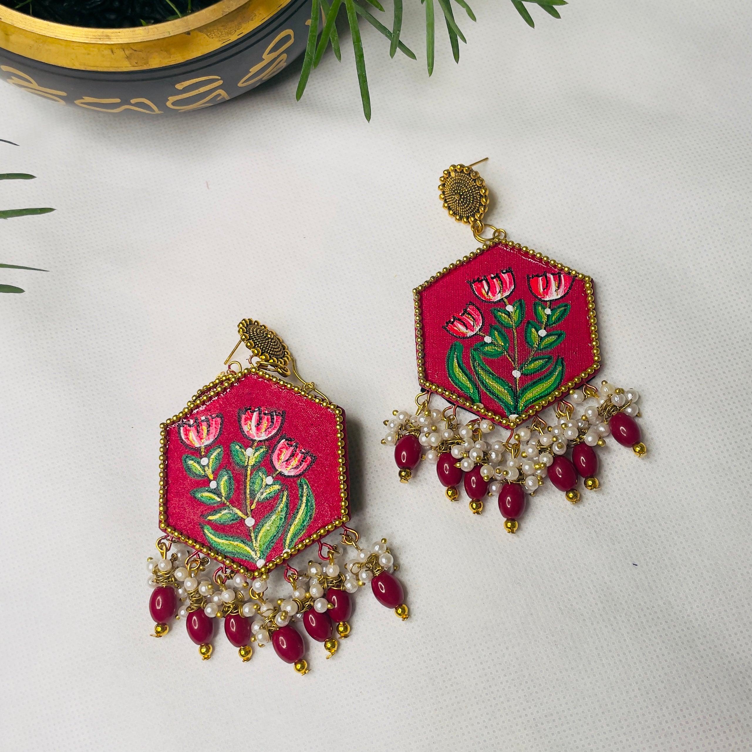 Dianthus Handpainted Red (Earrings) - KHOJ.CITY