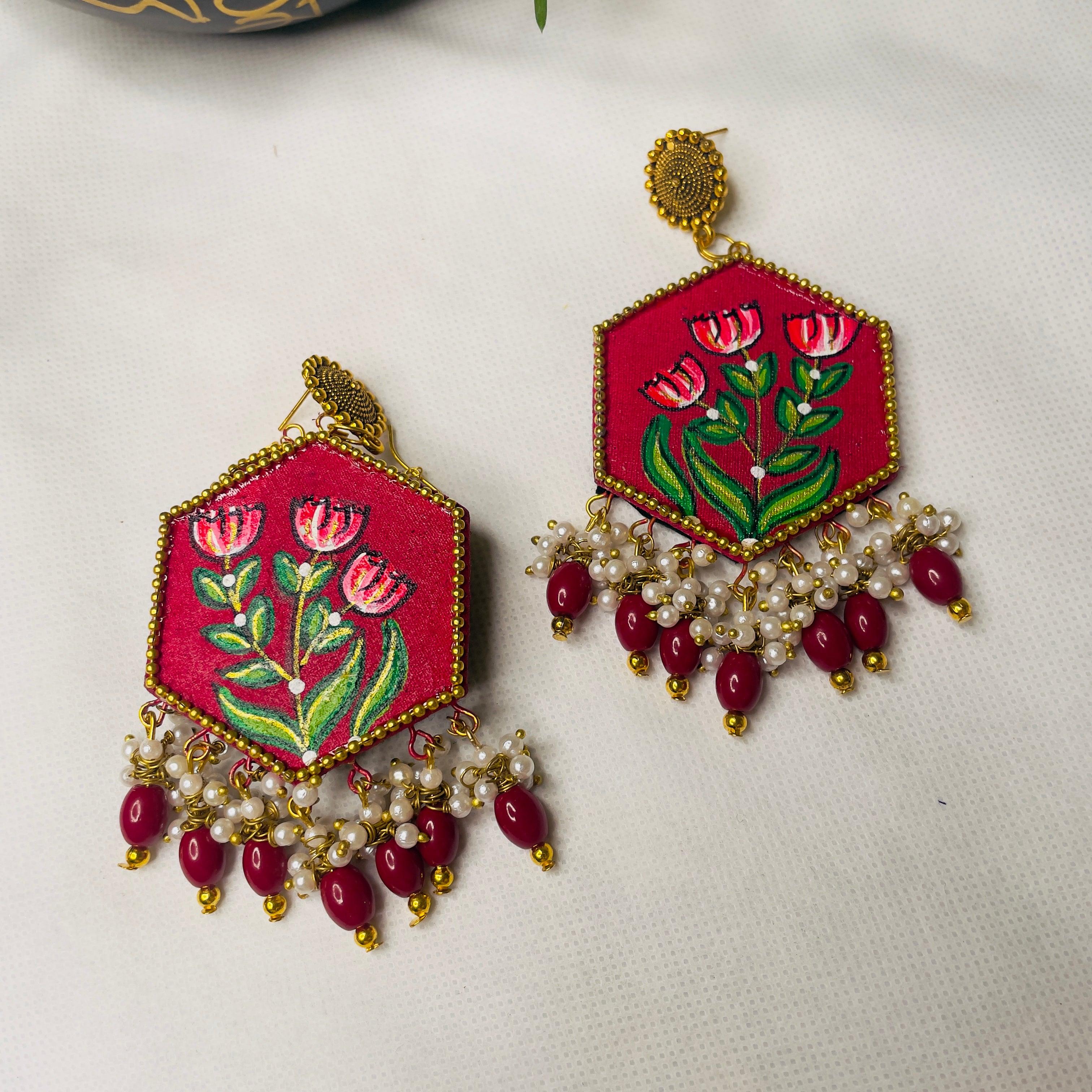 Dianthus Handpainted Red (Earrings) - KHOJ.CITY