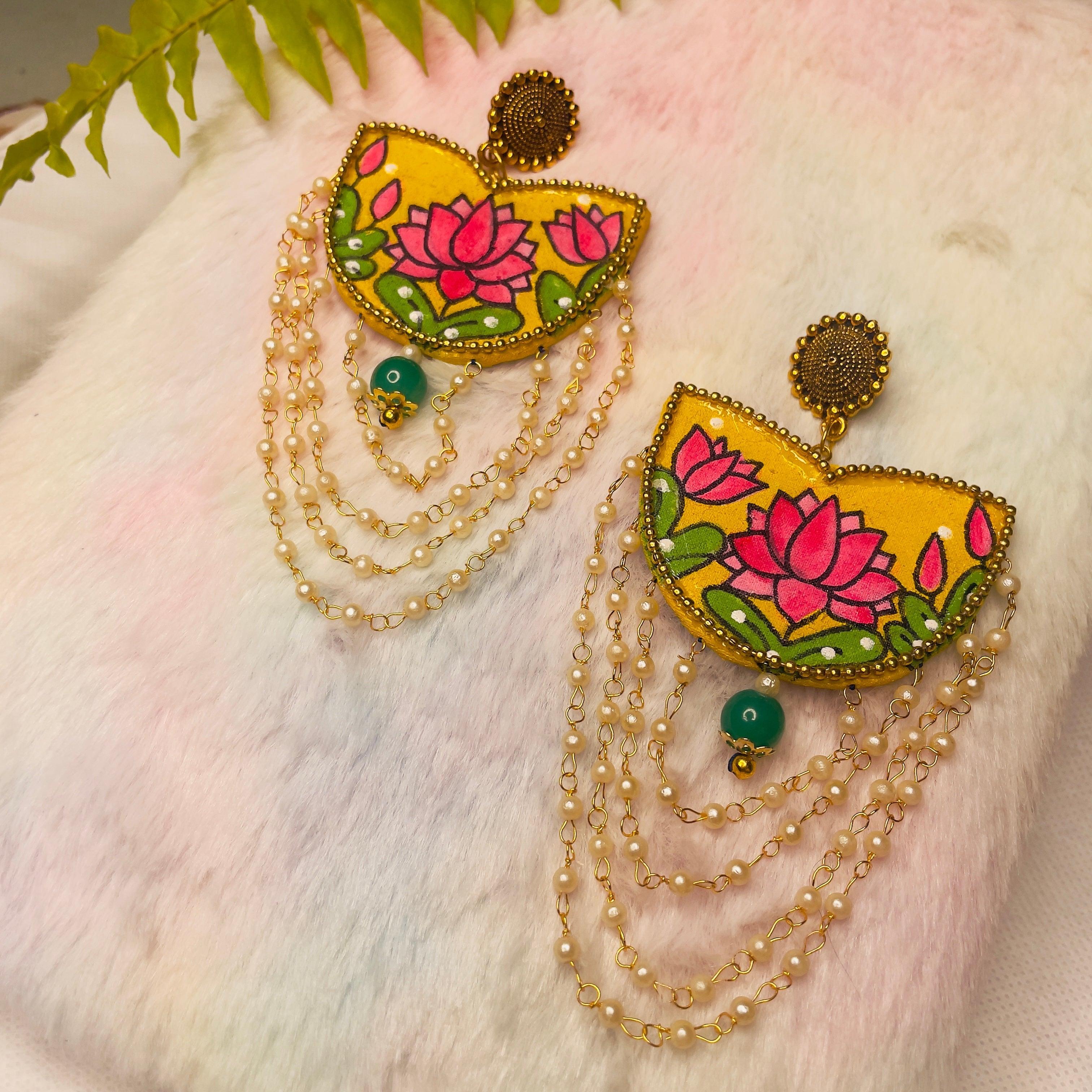 Kaatyayani Handpainted Haldi Yellow (Earrings) - KHOJ.CITY