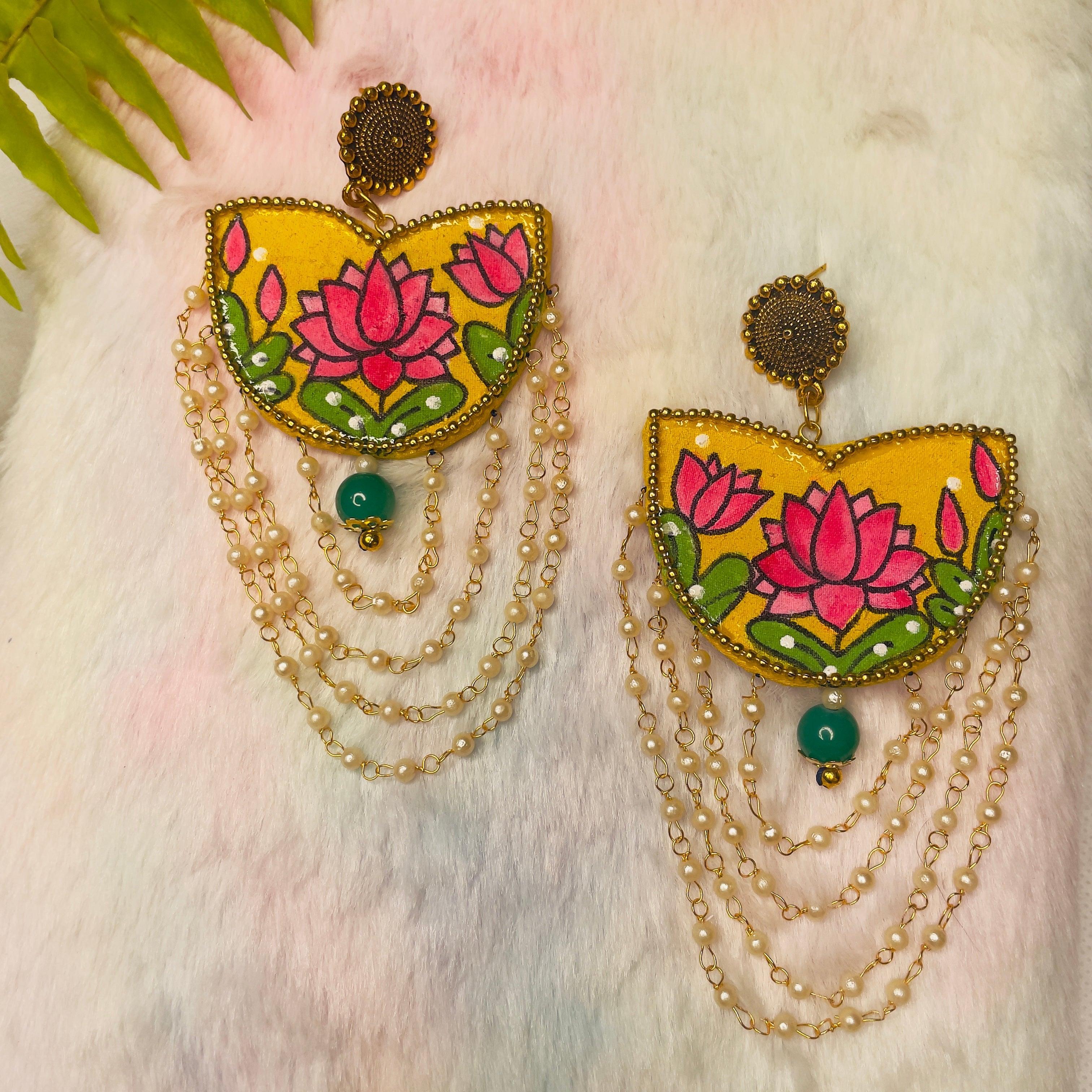 Kaatyayani Handpainted Haldi Yellow (Earrings) - KHOJ.CITY