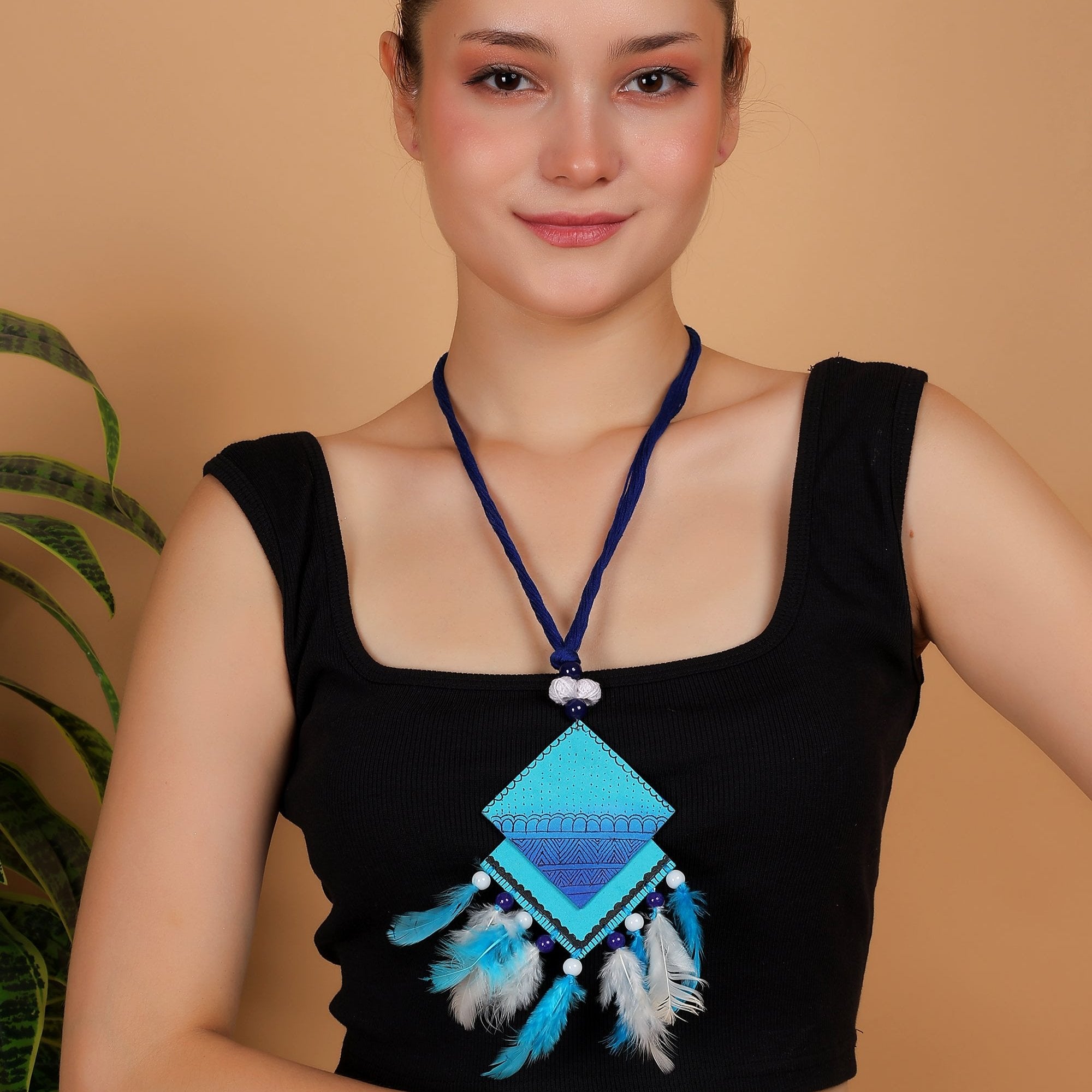 khoj city Bleu Plumage Bohemian Multi Color Hand Painted (Necklace) HP-NP-010