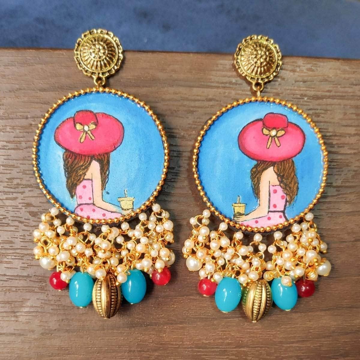 Alzena Handpainted Blue and Pink (Earrings) - KHOJ.CITY