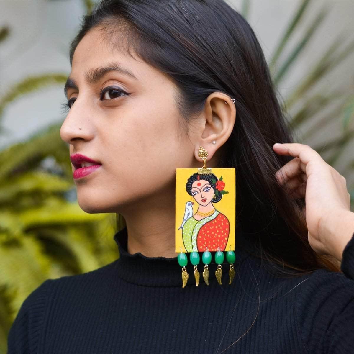 Bhaumi Handpainted Yellow and Red (Earrings) - KHOJ.CITY