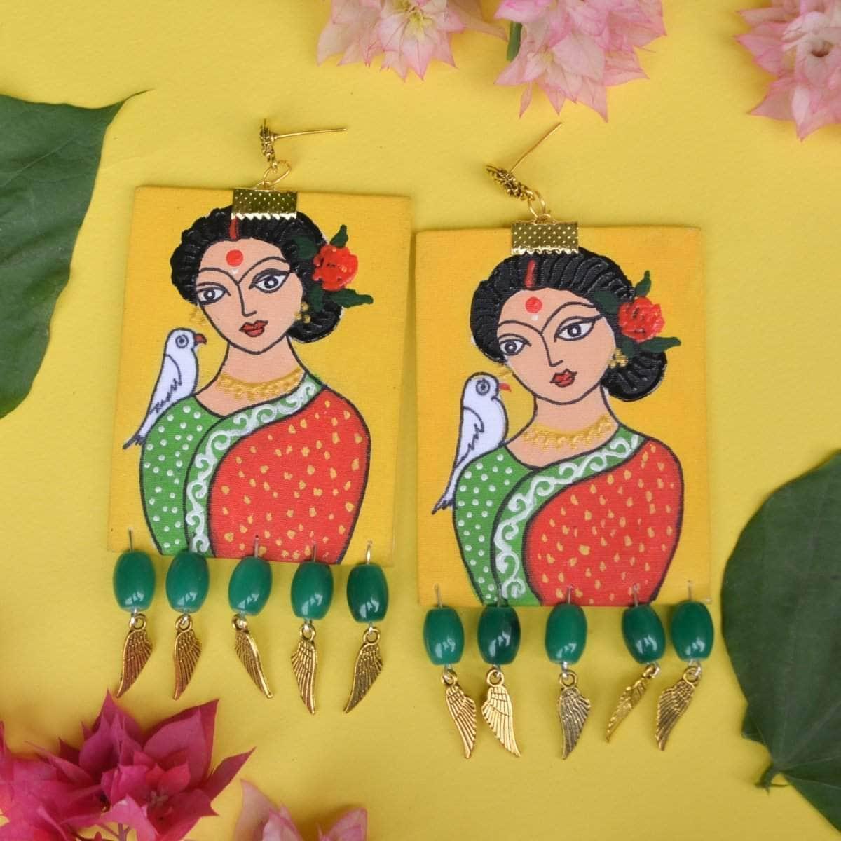 Bhaumi Handpainted Yellow and Red (Earrings) - KHOJ.CITY