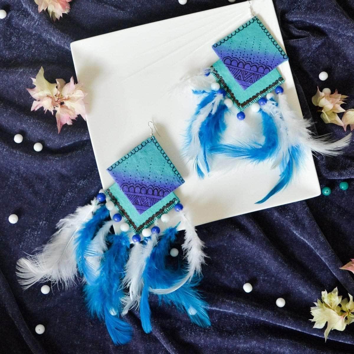 Bleu Plumage Handpainted Blue (Earrings) - KHOJ.CITY