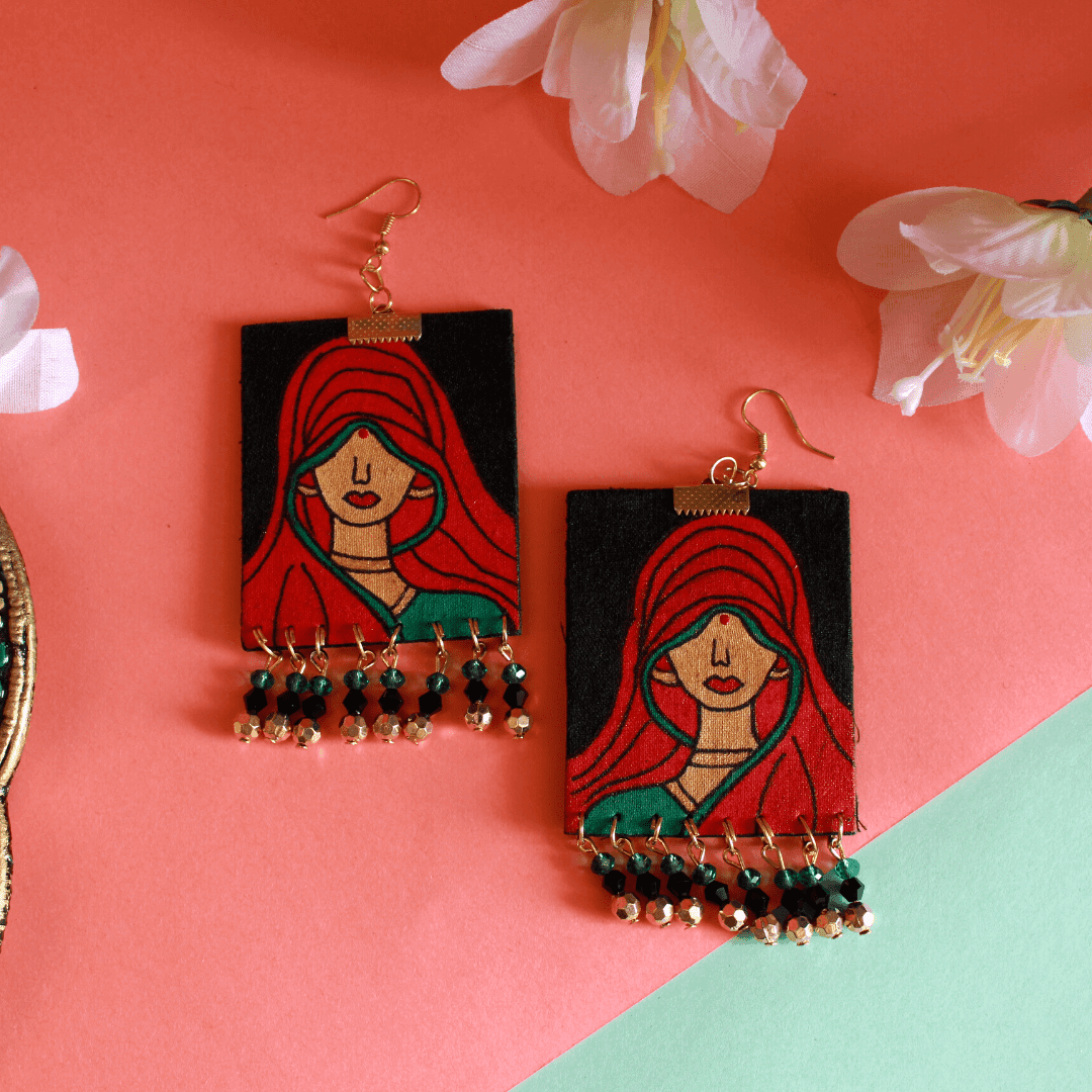 Classic Ghunghat Handpainted Red (Earrings) - KHOJ.CITY