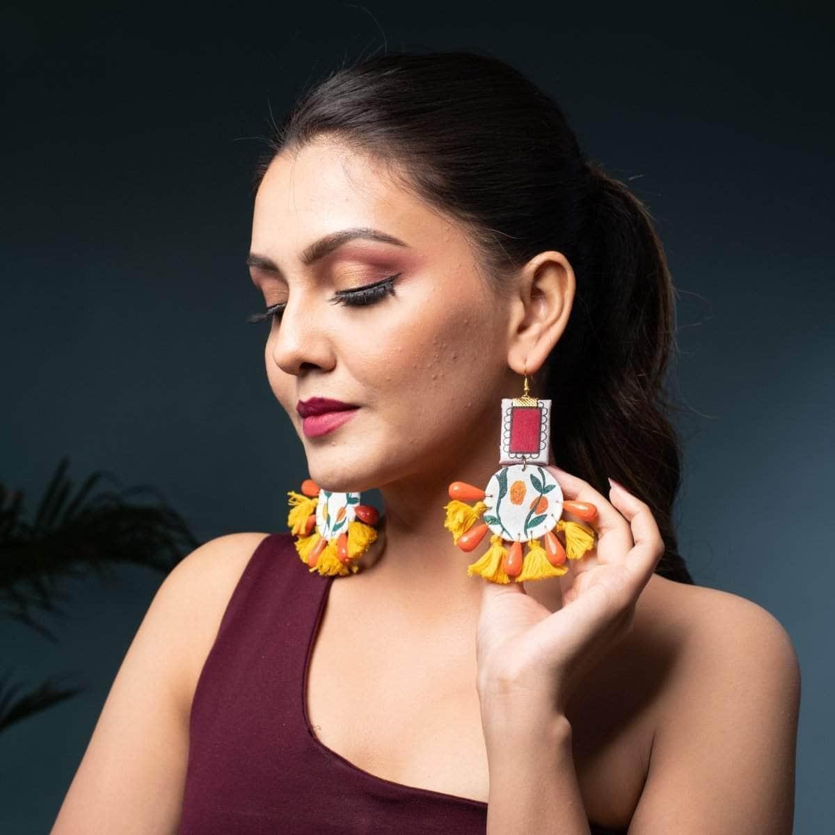 Clementine Field Handpainted Yellow (Earrings) - KHOJ.CITY