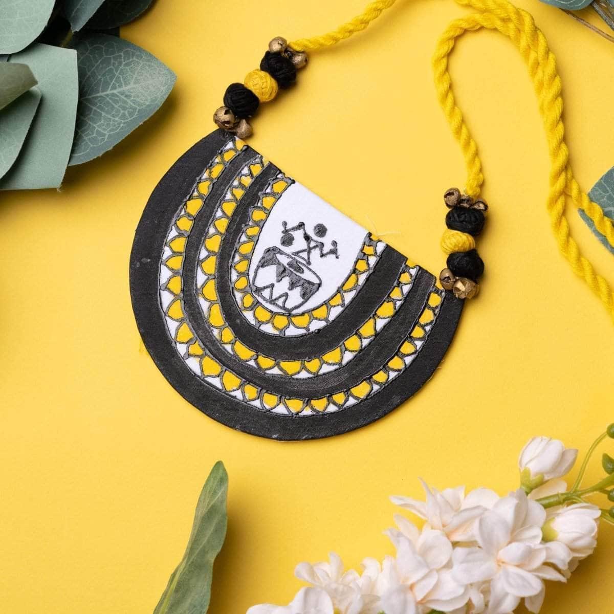 Dhaaki Bengal Drummers Handpainted Yellow (Necklace) - KHOJ.CITY