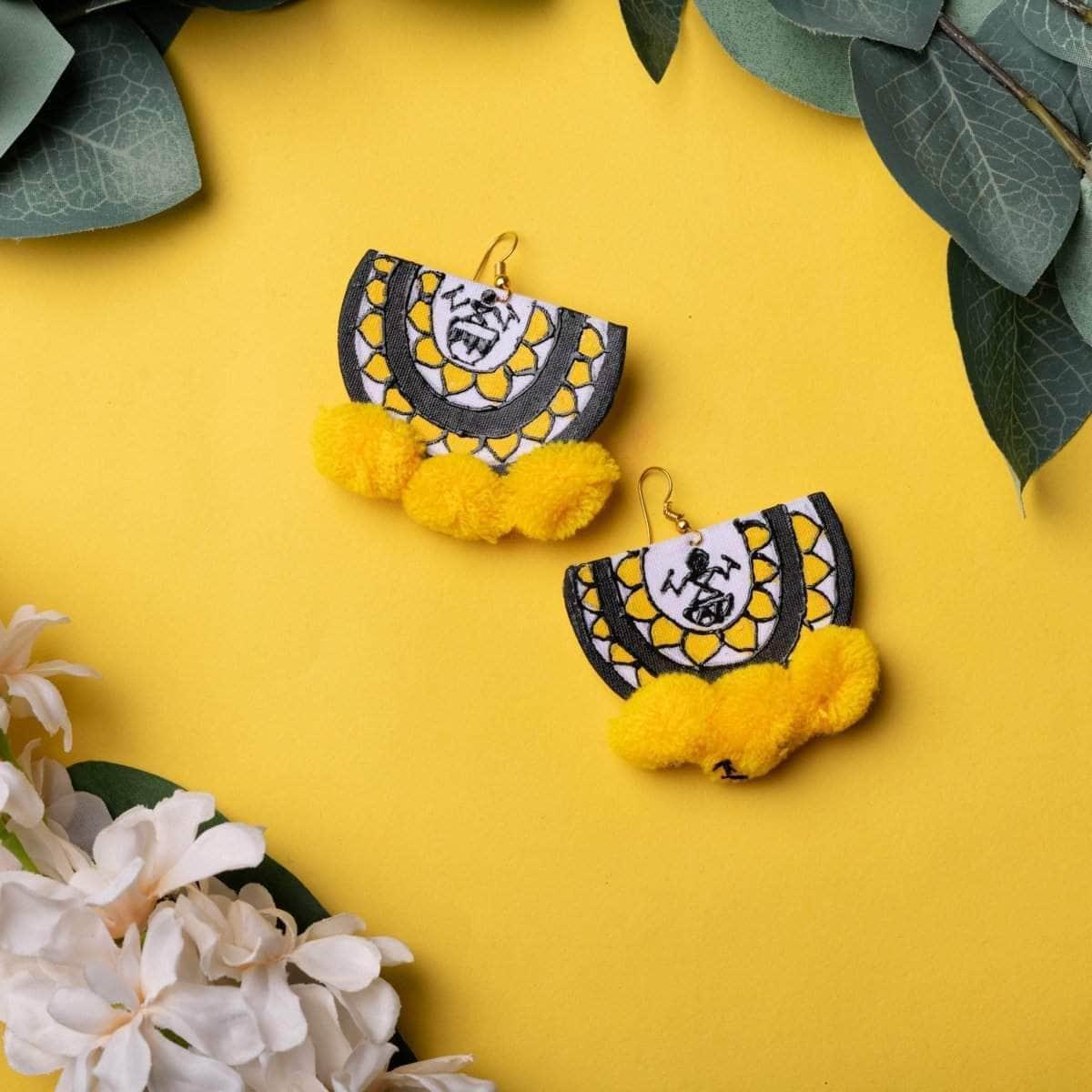 Dhaaki Bengal Drummers Yellow Handpainted (Earrings) - KHOJ.CITY