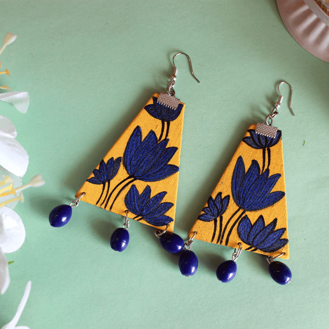 Diamond Floral Handpainted Yellow and Blue (Earrings) - KHOJ.CITY