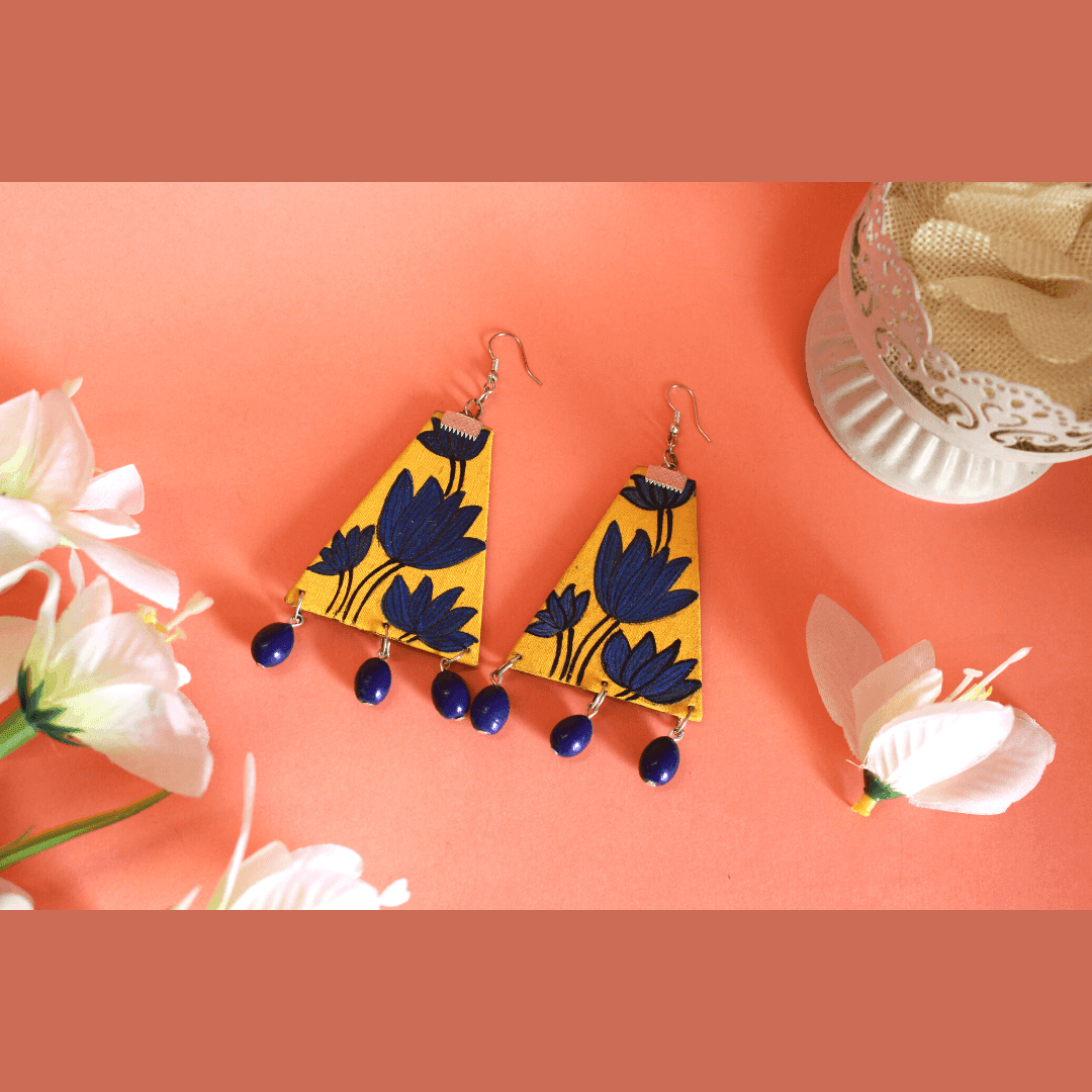 Diamond Floral Handpainted Yellow and Blue (Earrings) - KHOJ.CITY