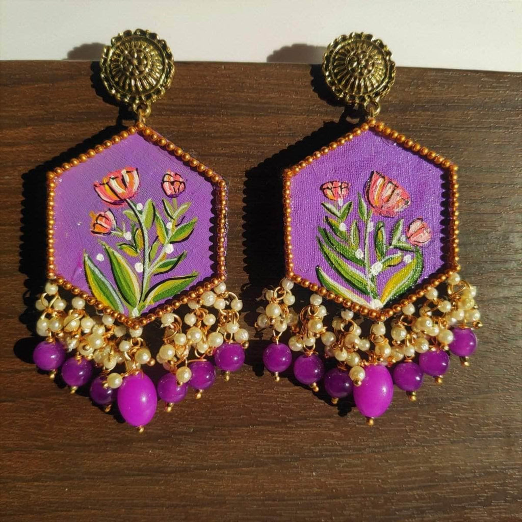 TARUNIKA - A YOUNG BUD - STONE, PEARLS AND BEADS EMBROIDERED EARRINGS ( PURPLE & WHITE)