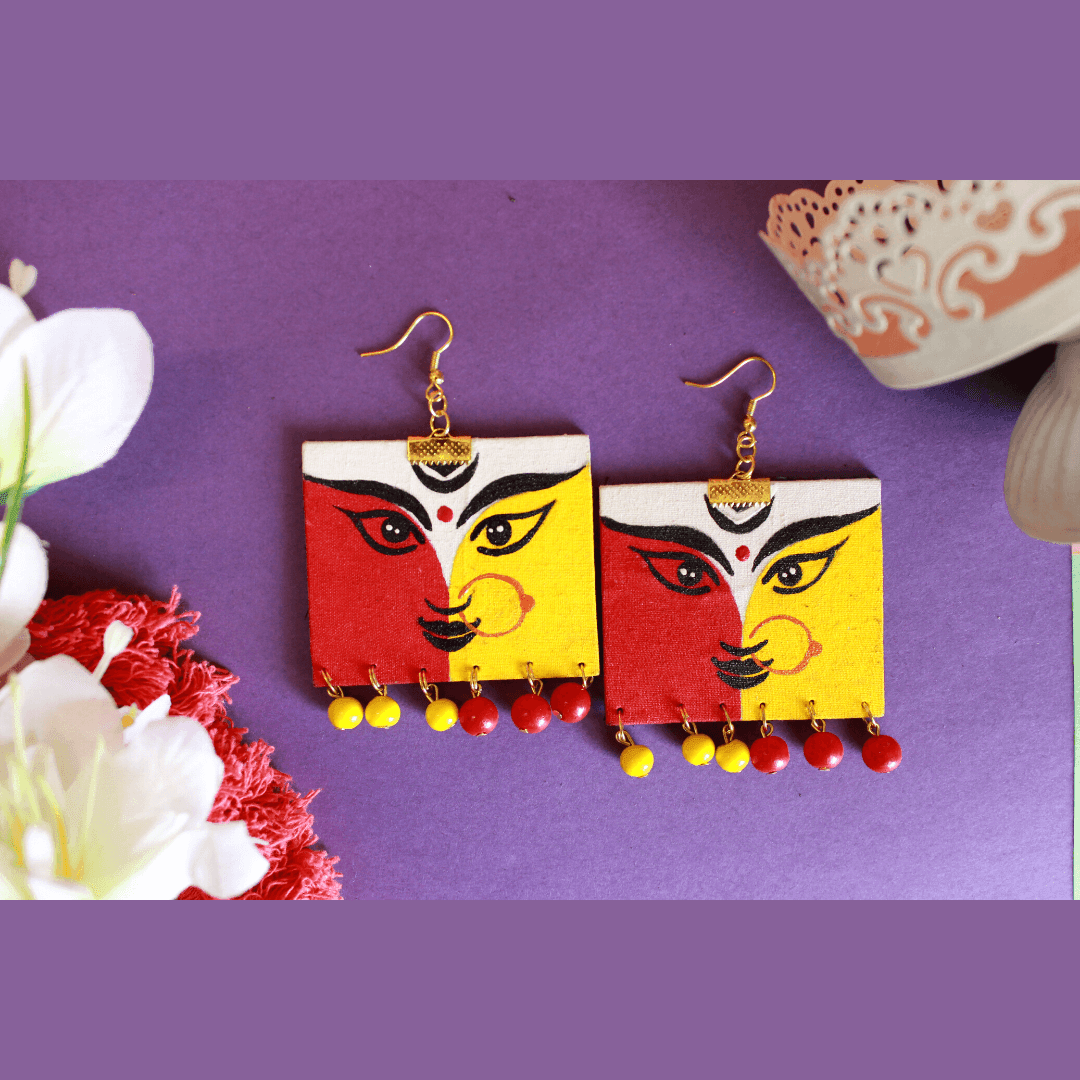 Durga Ma Handpainted Yellow and Red (Earrings) - KHOJ.CITY