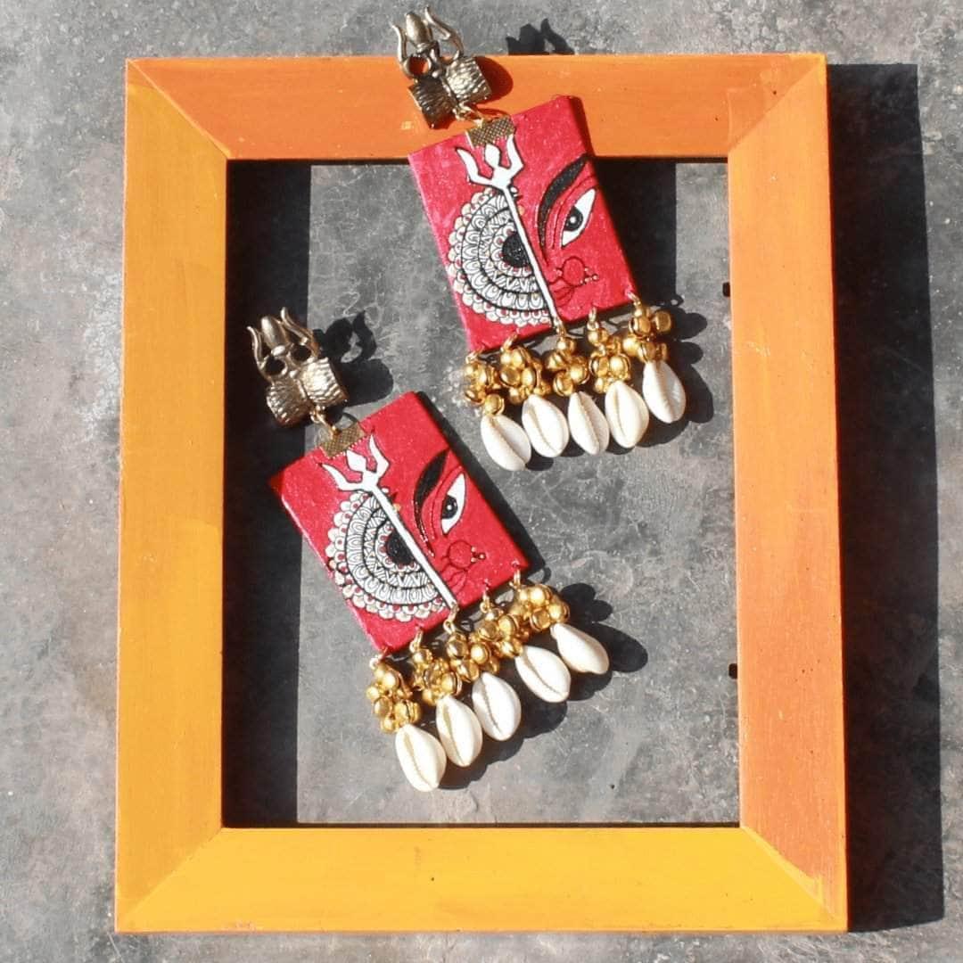 Durga Mandala Handpainted Red (Earrings) - KHOJ.CITY