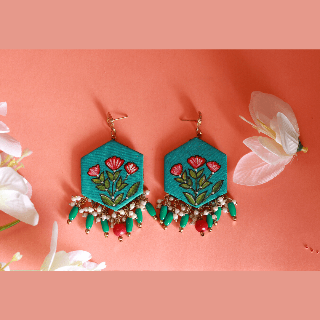 Floral Beaded Handpainted Green (Earrings) - KHOJ.CITY