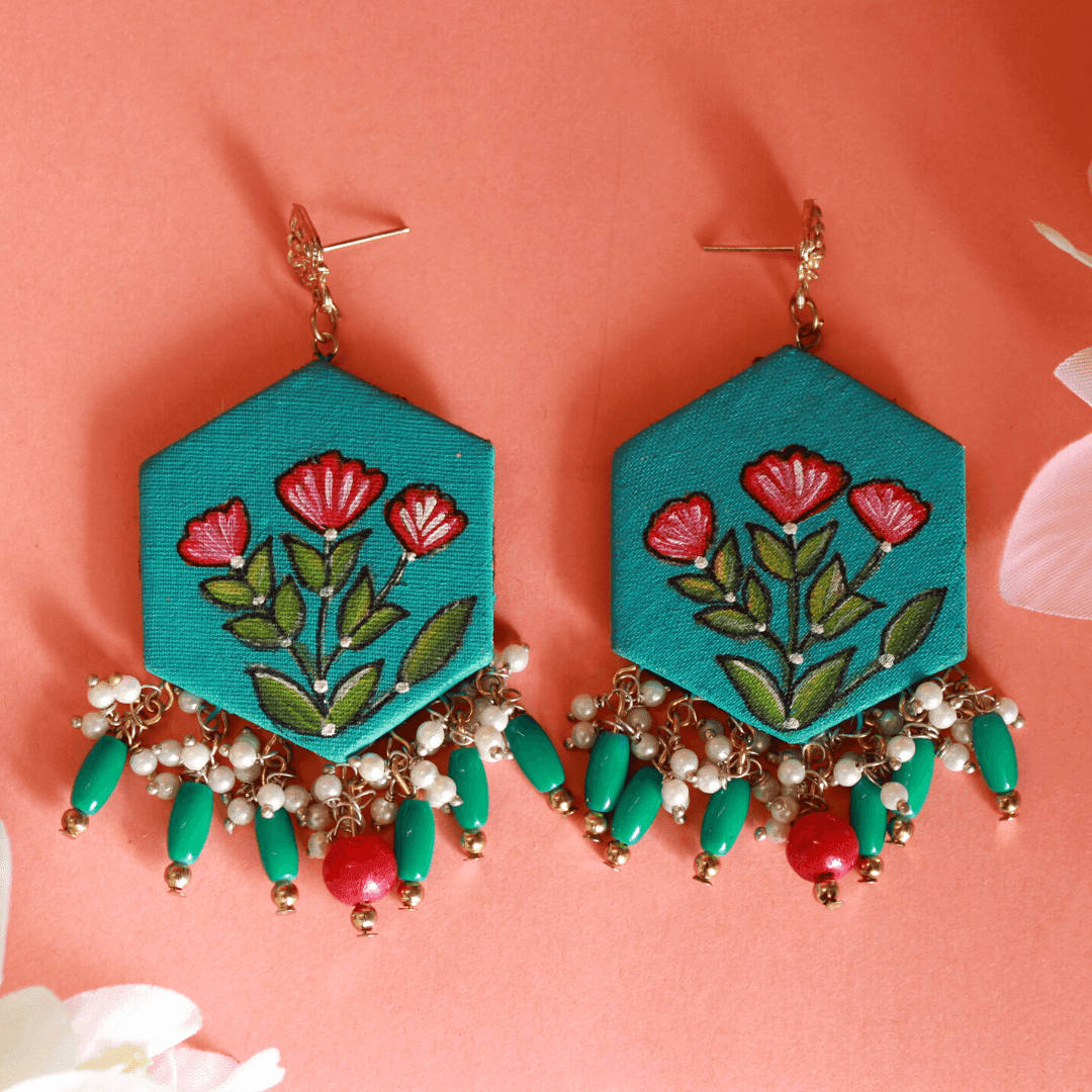 Floral Beaded Handpainted Green (Earrings) - KHOJ.CITY