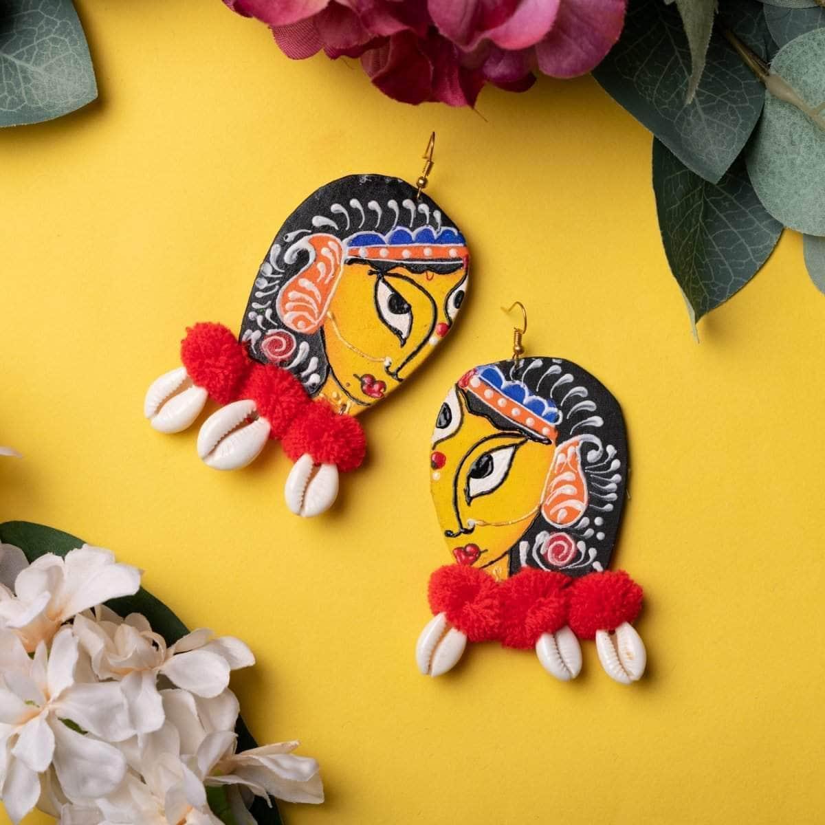 Kapalini Durga Handpainted Red (Earrings) - KHOJ.CITY