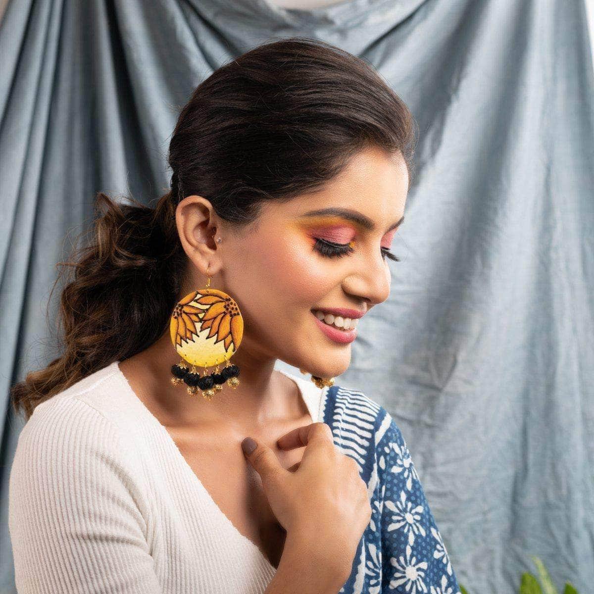 Lilium Handpainted Yellow (Earrings) - KHOJ.CITY