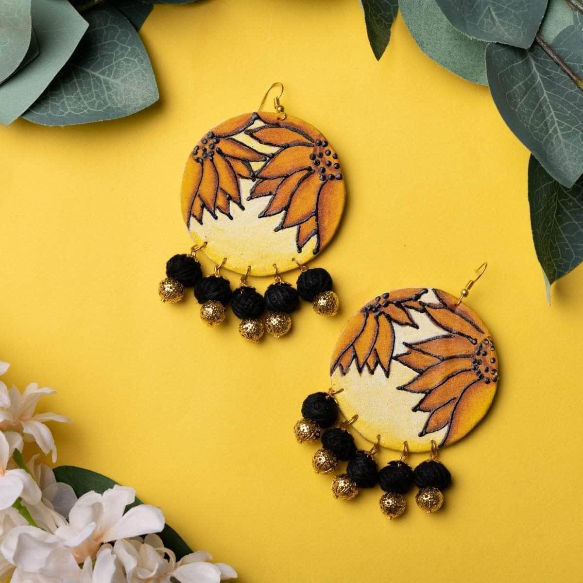 Lilium Handpainted Yellow (Earrings) - KHOJ.CITY