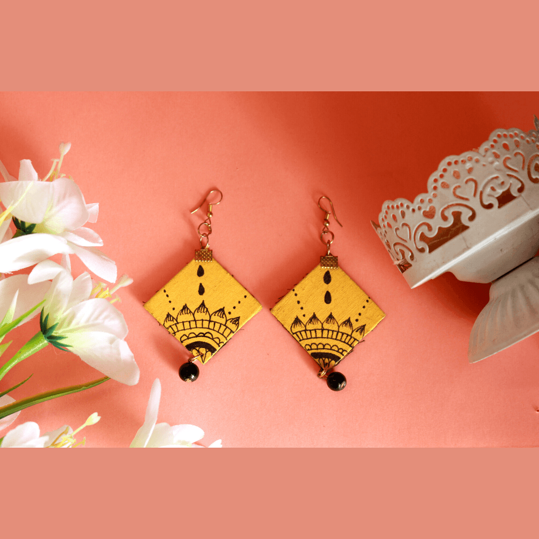 Mandala Art Handpainted Yellow (Earrings) - KHOJ.CITY