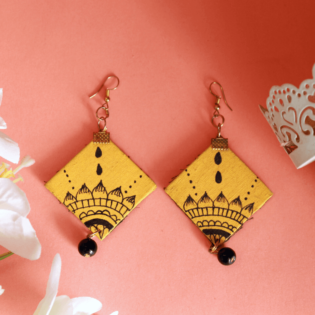 Mandala Art Handpainted Yellow (Earrings) - KHOJ.CITY