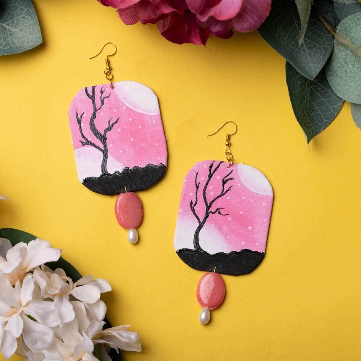 Moonlit Night Handpainted Pink (Earrings) - KHOJ.CITY