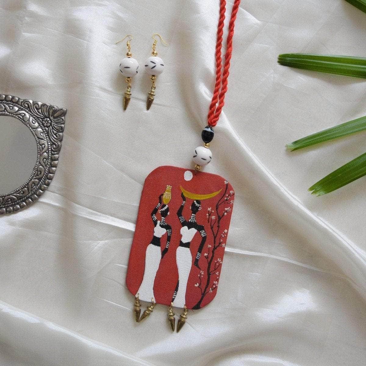 Night Walk Handpainted Red (Necklace) set - KHOJ.CITY