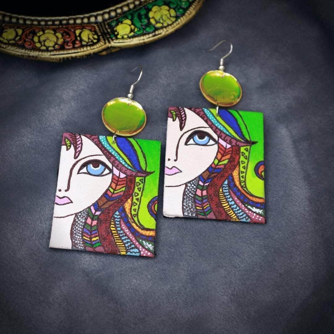 Rangeen Nayan Handpainted Green (Earrings) - KHOJ.CITY