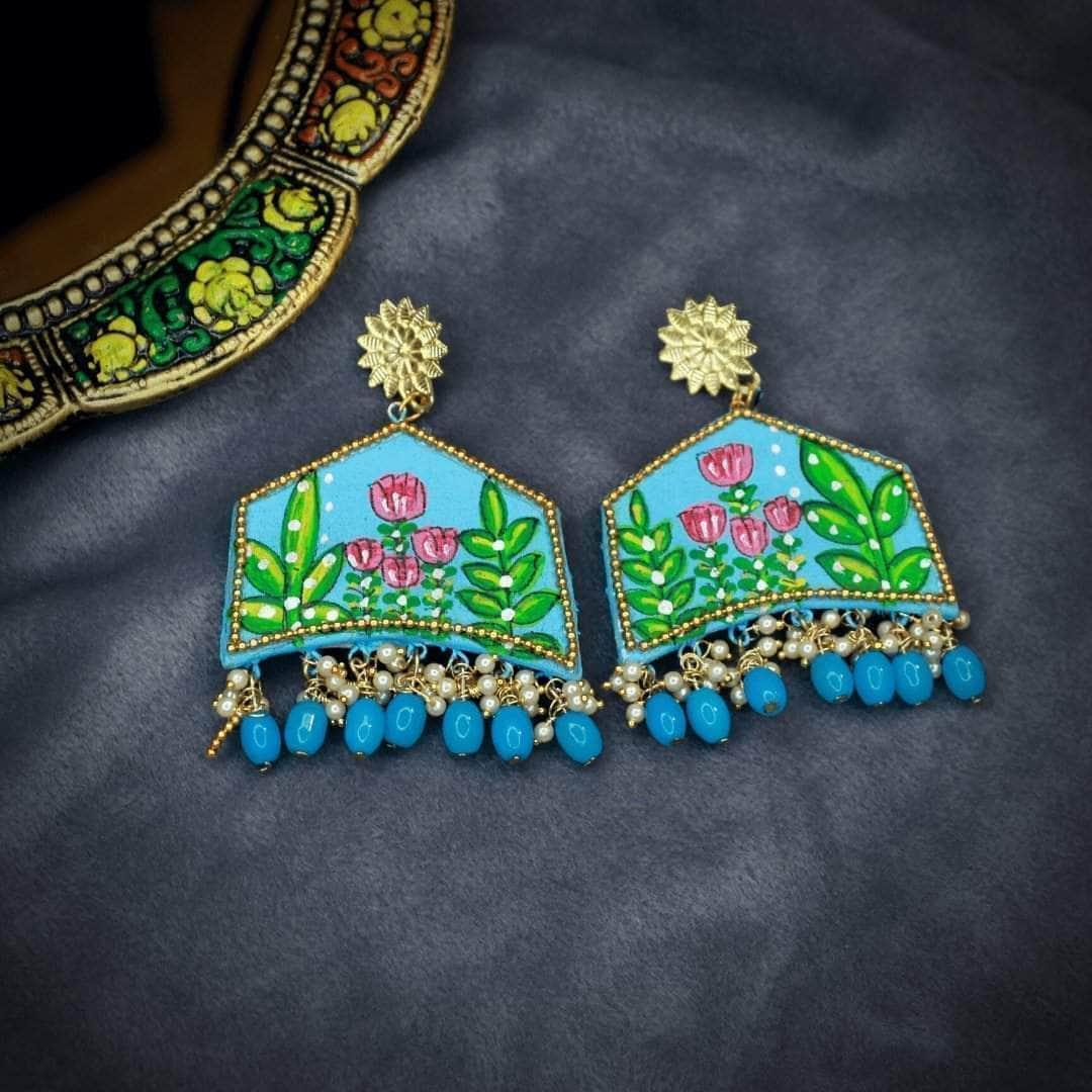 Tulipa Handpainted Blue and Green (Earrings) - KHOJ.CITY