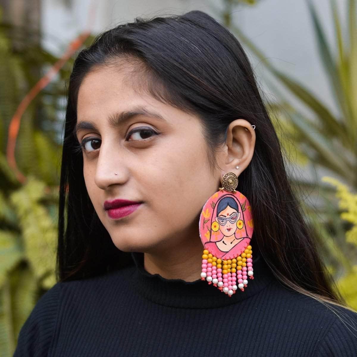 Unsanskari Handpainted Pink (Earrings) - KHOJ.CITY