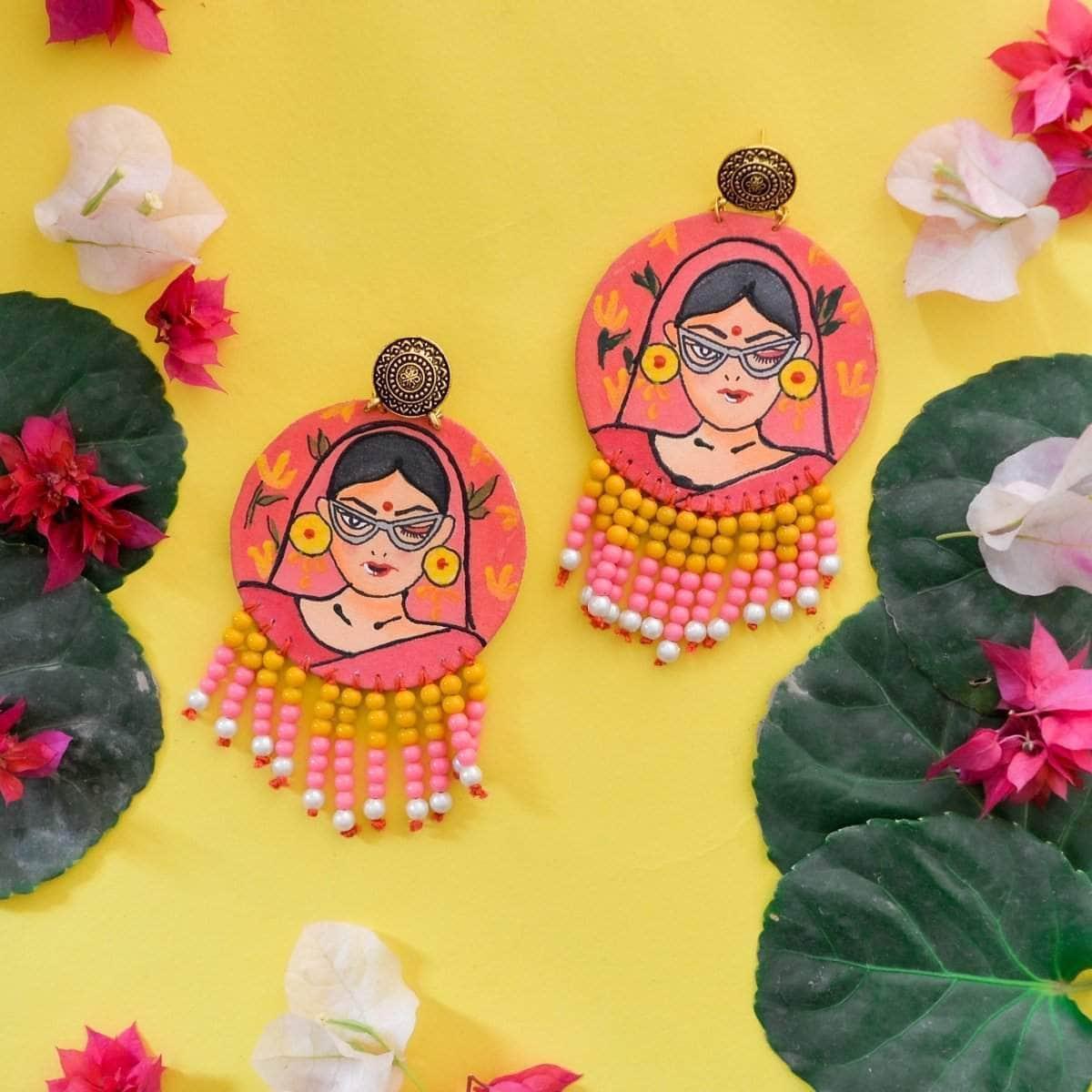 Unsanskari Handpainted Pink (Earrings) - KHOJ.CITY