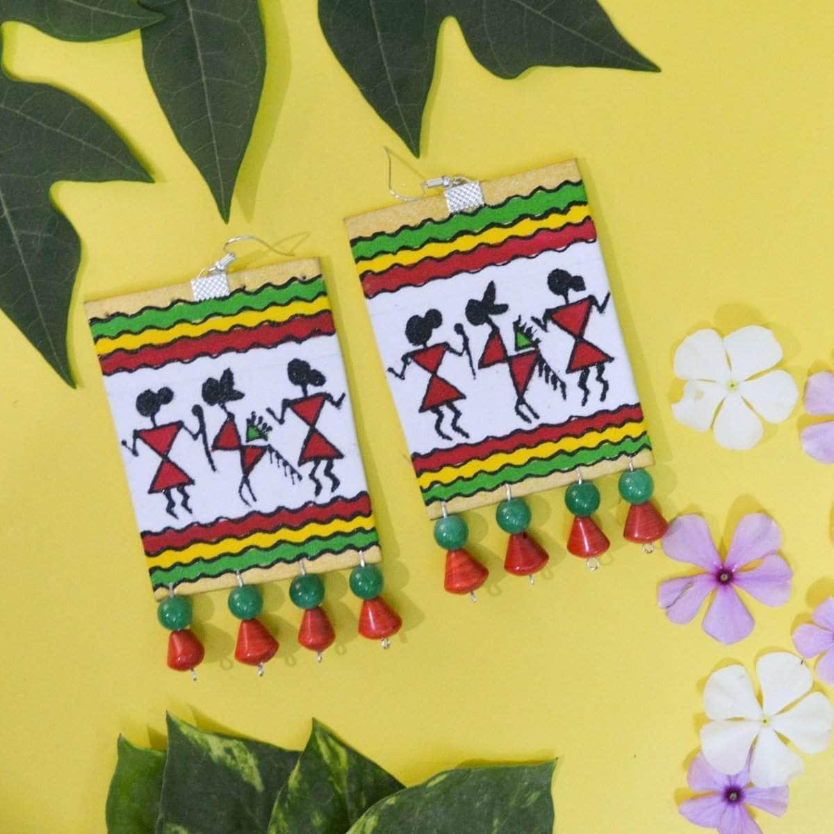 Warli Handpainted Red (Earrings) - KHOJ.CITY